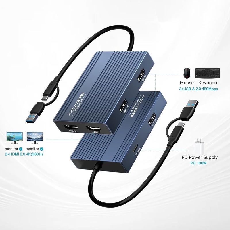 Acasis USB C to Dual HDMI DisplayLink Adapter, 4K@60Hz, 2 HDMI & 3 USB-A Ports, 100W PD Charging, USB C DisplayLink Docking Station for Mac M1/M2/M3/Windows,USB A/C to Dual Monitor Adapter - Image 2